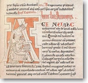 Augustinus Trinitätstraktat, Initiale A, Augustinus und Schreiber, 12. Buch, Codex 14, fol. 125 V