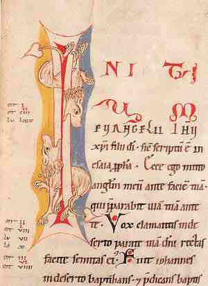 Frowin Bibel Bd. 3, Initiale mit Löwen, Evangelistensymbol Markus, Codex 5, fol. 135R